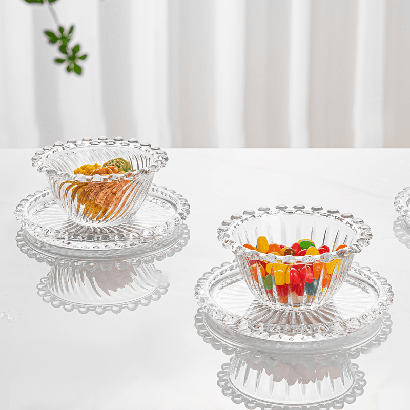 Stocked Bead-dotted Glass Bowls and Saucers Sets